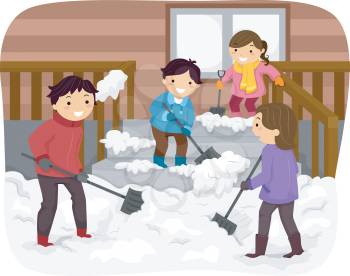 Illustration Featuring a Family Shoveling Snow