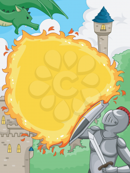 Illustration Featuring a Knight Shielding Himself Against a Dragon's Fiery Attack
