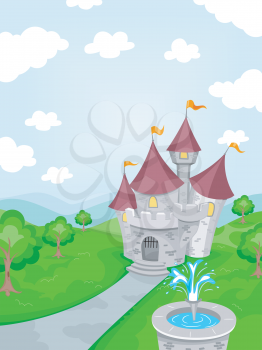 Illustration Featuring a Fountain with a Castle in the Background