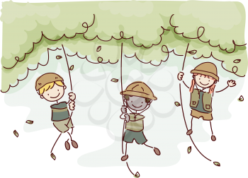 Illustration Featuring Kids in Safari Outfits Swinging from Tree to Tree