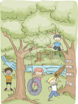 Illustration Featuring Kids Playing in the Woods