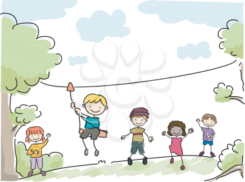 Illustration Featuring Kids Riding an Improvised Zipline