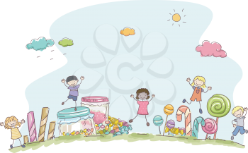 Illustration Featuring Kids Surrounded by Different Types of Candies