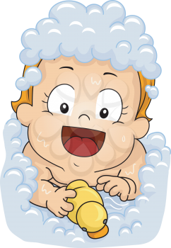 Illustration Featuring a Female Baby Playing With a Rubber Duckie While Soaking in a Bubble Bath