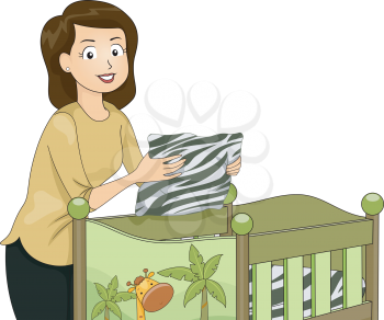 Illustration Featuring a Young Mother Fixing a Crib with a Safari Theme