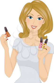Illustration Featuring a Girl Holding Different Nail Polishes
