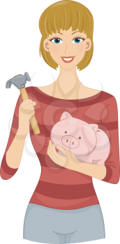 Illustration Featuring a Girl Holding a Hammer with One Hand and a Piggy Bank with Another