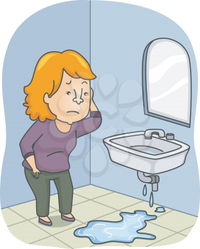 Illustration Featuring a Woman Inspecting a Pipe Leak