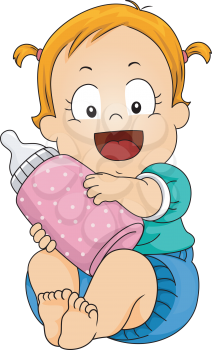 Illustration Featuring a Baby Girl Holding a Milk Bottle