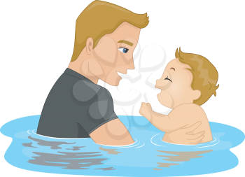 Illustration Featuring a Father and Son Taking a Swim