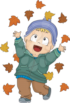 Illustration Featuring a Baby Boy Playing with Autumn Leaves