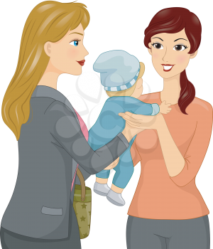 Illustration Featuring a Female Babysitter Taking a Baby From its Mother