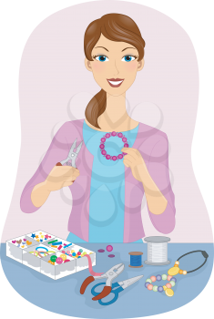 Illustration Featuring a Girl Making Homemade Jewelry