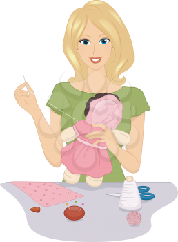Illustration Featuring a Woman Making a Rag Doll