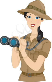 Illustration Featuring a Girl Dressed in a Safari Outfit Holding a Pair of Binoculars