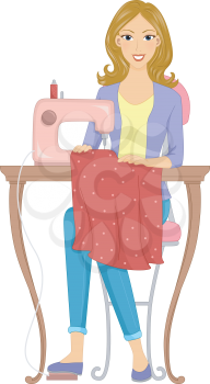 Illustration Featuring a Girl Making a Dress Using a Treadle Sewing Machine