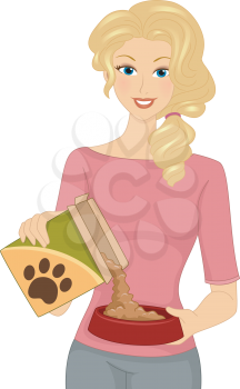 Illustration Featuring a Woman Pouring Dog Food on Her Dog's Bowl
