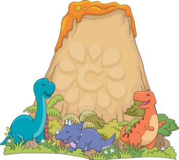 Illustration Featuring Dinosaurs Playing Near a Volcano