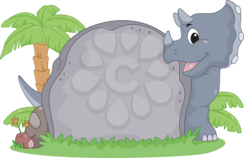 Frame Illustration Featuring a Triceratops Peeking from Behind a Stone Slab