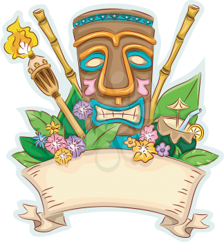 Banner Illustration Featuring a Tiki Surrounded by Hawaii-Related Items