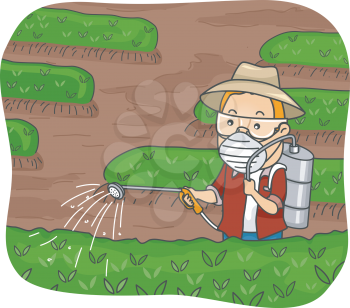 Illustration Featuring a Man Spraying Pesticide on His Plants
