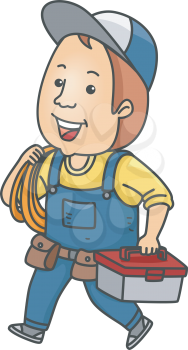 Illustration Featuring a Handyman Carrying a Tool Kit and Some Rope