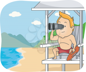 Illustration Featuring a Lifeguard Inspecting the Beach