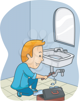 Illustration Featuring a Plumber Fixing a Leaking Pipe