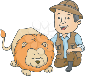 Illustration of a Safari Caretaker Petting a Lion