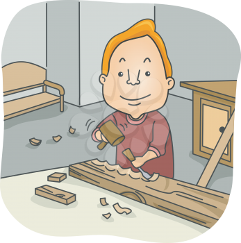 Illustration Featuring a Man Carving a Piece of Wood