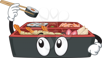 Mascot Illustration Featuring a Bento Box Picking a Maki