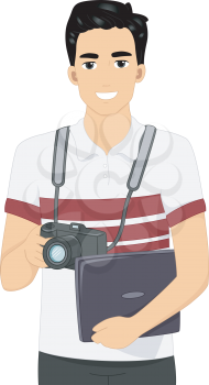 Illustration Featuring a Man Holding a Digital Camera in One Hand and a Laptop in the Other