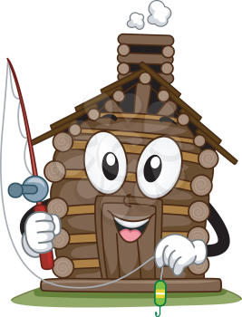 Mascot Illustration Featuring a Cabin Holding a Fishing Pole
