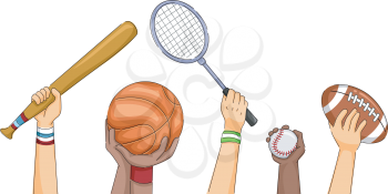 Cropped Illustration Featuring Hands Holding Different Sports Equipment