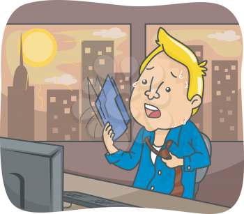 Illustration Featuring a Man Sweating Profusely in His Office