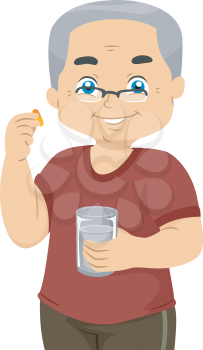 Illustration Featuring an Elderly Man Taking Vitamin Pills