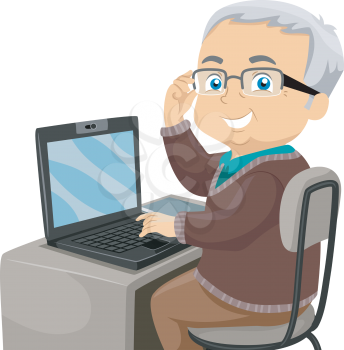 Illustration Featuring an Elderly Male Using the Computer