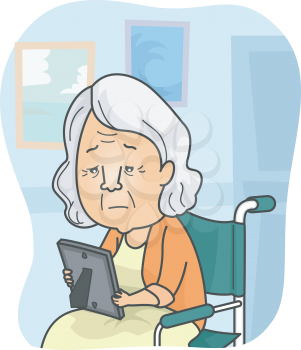 Illustration Featuring a Granny in a Nursing Home Looking at a Family Picture