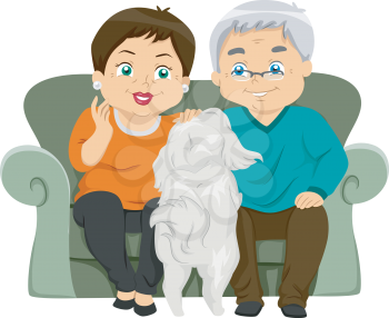 Illustration Featuring an Elderly Couple Petting Their Dog