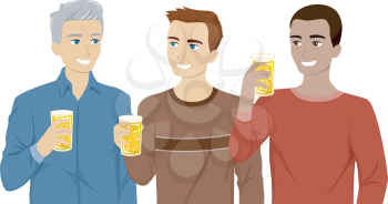 Illustration Featuring Three Generations of Men Drinking Beer Together