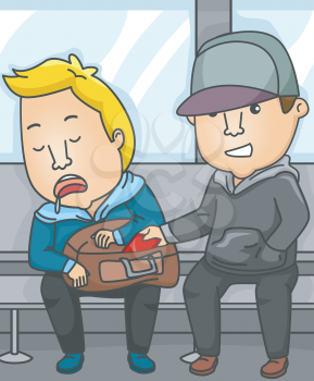 Illustration Featuring a Pickpocket Lifting Wallets in a Subway Train