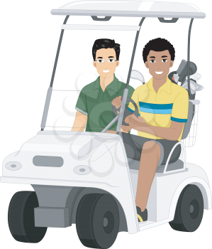 Illustration Featuring a Pair of Male Friends Riding a Golf Cart