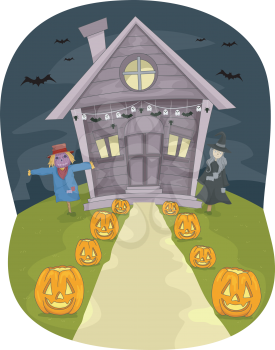 Illustration Featuring a House With Halloween Decorations