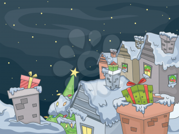 Illustration Featuring a Christmas Village with Gifts on Their Chimneys