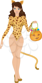 Illustration Featuring a Woman Trick or Treating in a Cat Costume