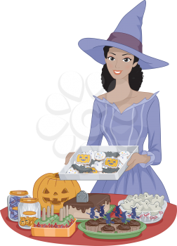 Illustration Featuring a Woman Preparing Food for a Halloween Party