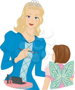 Illustration Featuring a Woman in Costume Applying Make-up on a Girl's Face