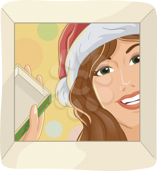 Illustration Featuring a Woman Opening Her Christmas Gift Excitedly