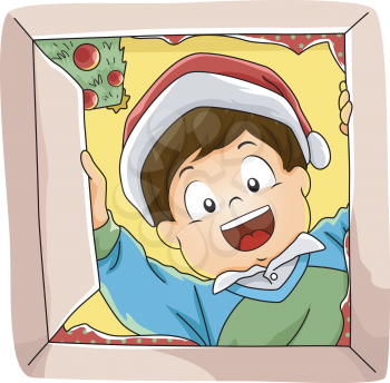 Illustration Featuring a Boy Opening His Christmas Gift Excitedly