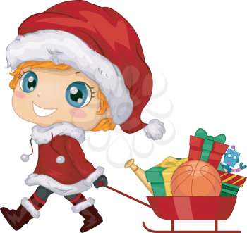 Illustration Featuring a Boy Pulling a Cart Full of Christmas Gifts